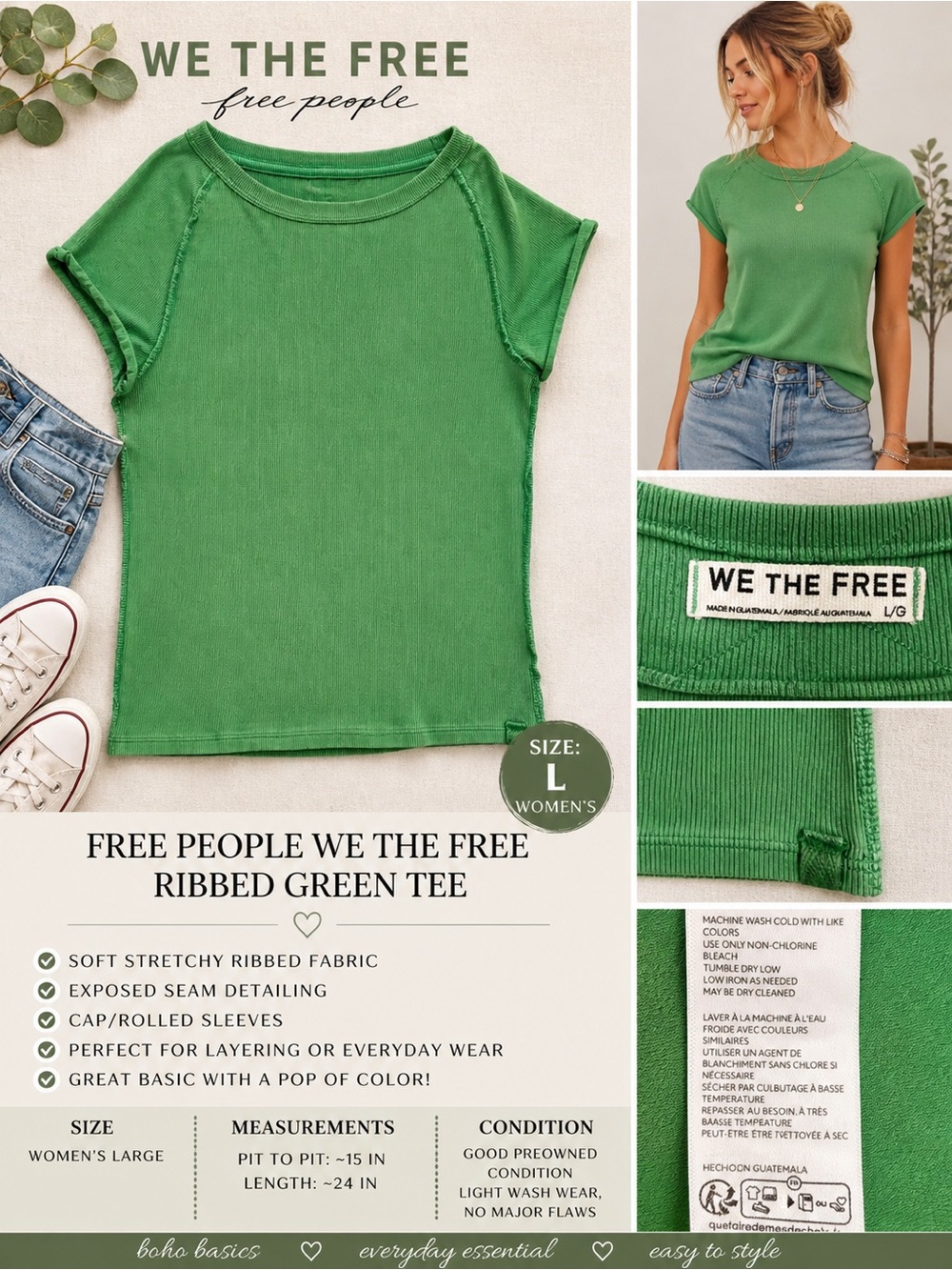 Free People We The Free Ribbed Green Tee Large Raw Hem Boho Casual